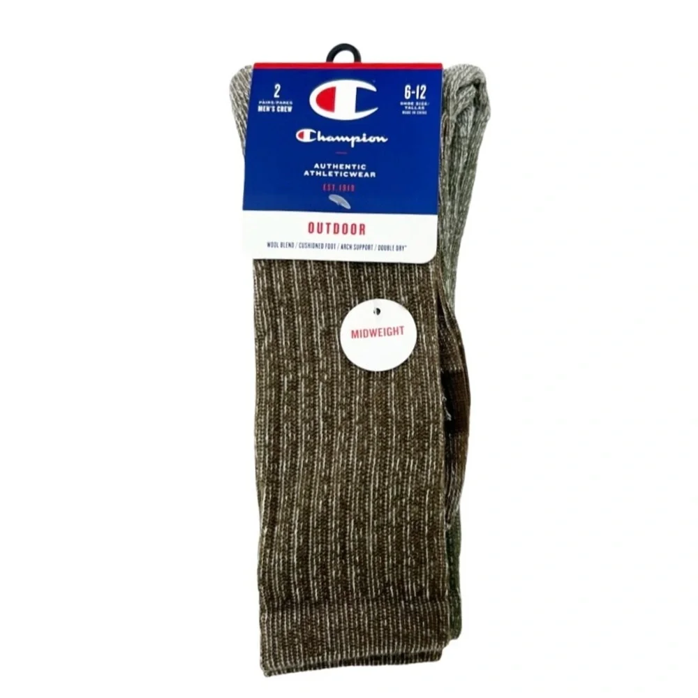 Champion Outdoor Athletic Wool Blend 2 Pack Crew Socks Size 6-12 NWT